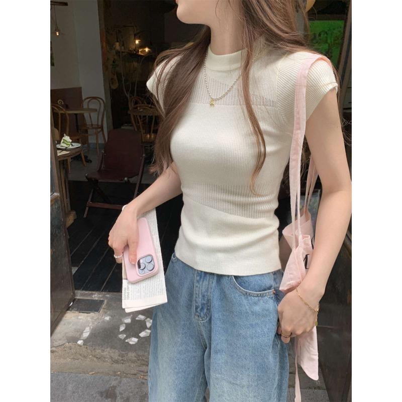 women mock neck knit top mesh panel cap sleeve ribbed fitted casual sweater