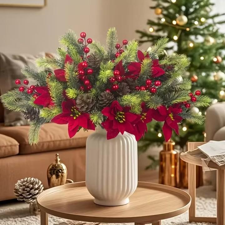 Holiday Artificial Bouquet: Pine Needles, Red Berries, Poinsettia, Faux Flowers for Christmas Home Decor