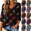 Women's V-Neck Casual Halloween Print Three-Quarter Sleeve Tunic Top for Fall Party Outfits