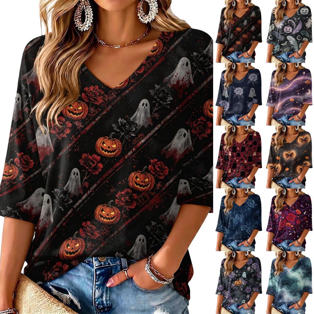 Women's V-Neck Casual Halloween Print Three-Quarter Sleeve Tunic Top for Fall Party Outfits