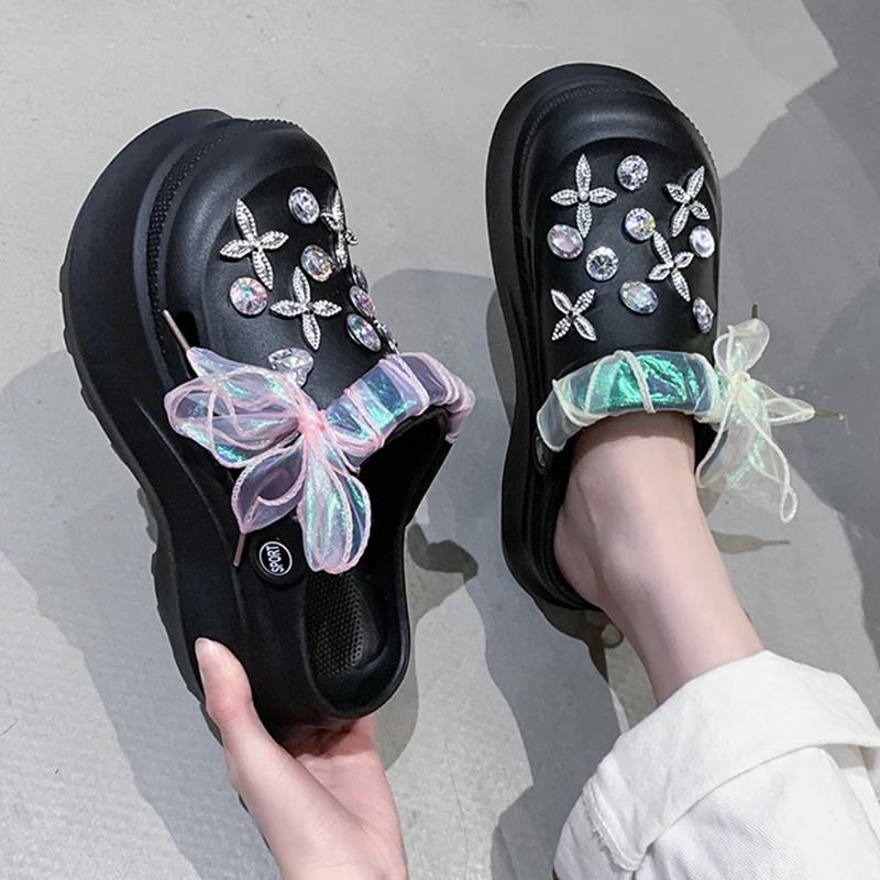 Fashion Luxury Rhinestone Chunky Sandals Women Laser Ribbon Platform Clogs Slippers Woman 2025 Summer Thick Bottom Garden Shoes Female