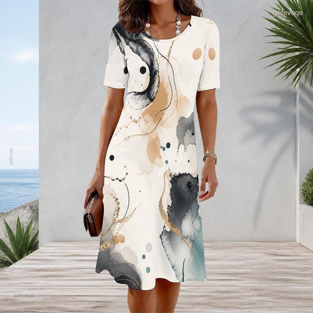 Women Plus Size Round Neck Short Sleeve Printed A Line Midi Dress