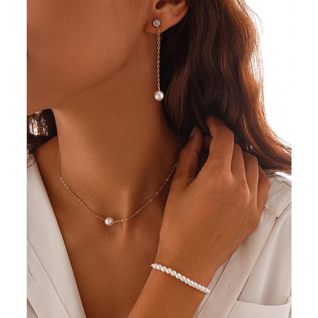 French Retro Faux Pearl & Metal Clavicle Necklace Set for Women