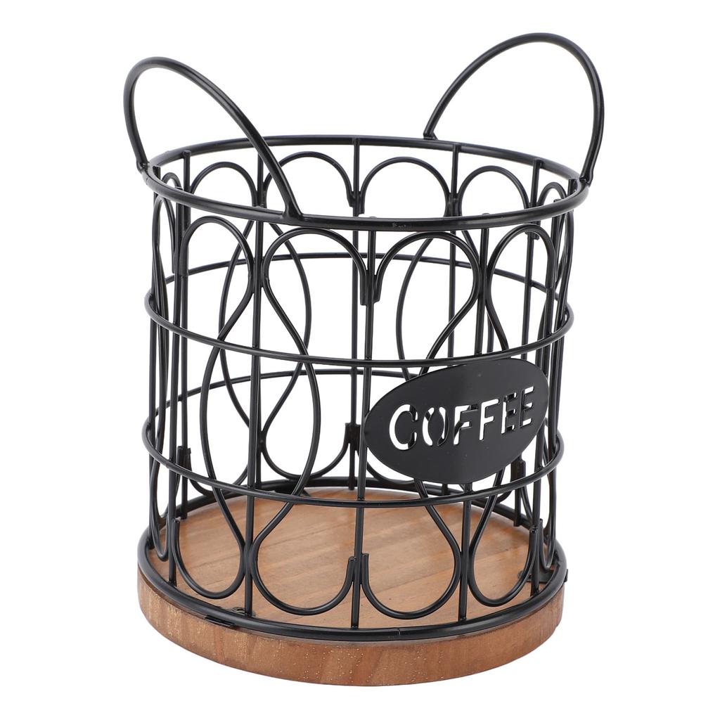Coffee Pod Basket Decorative Round Wire Coffee Capsule Holder with Wooden Base for Cafe Kitchen Countertop