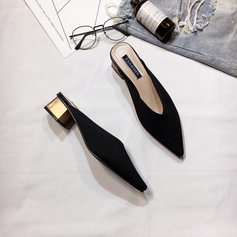 2025 Spring and Summer New Bag Head Half Slippers Women's Flying Woven Mid-heel Pointed Mueller Shoes Thick Heel Wear Lazy Cool Slippers