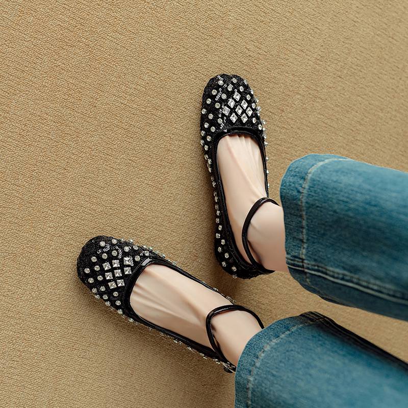 Krazing Pot Knitwear Sheepskin Summer Size 40 Crystal Low Heels Ankle Straps Rhinestone Square Toe Elegant Sweety Pumps