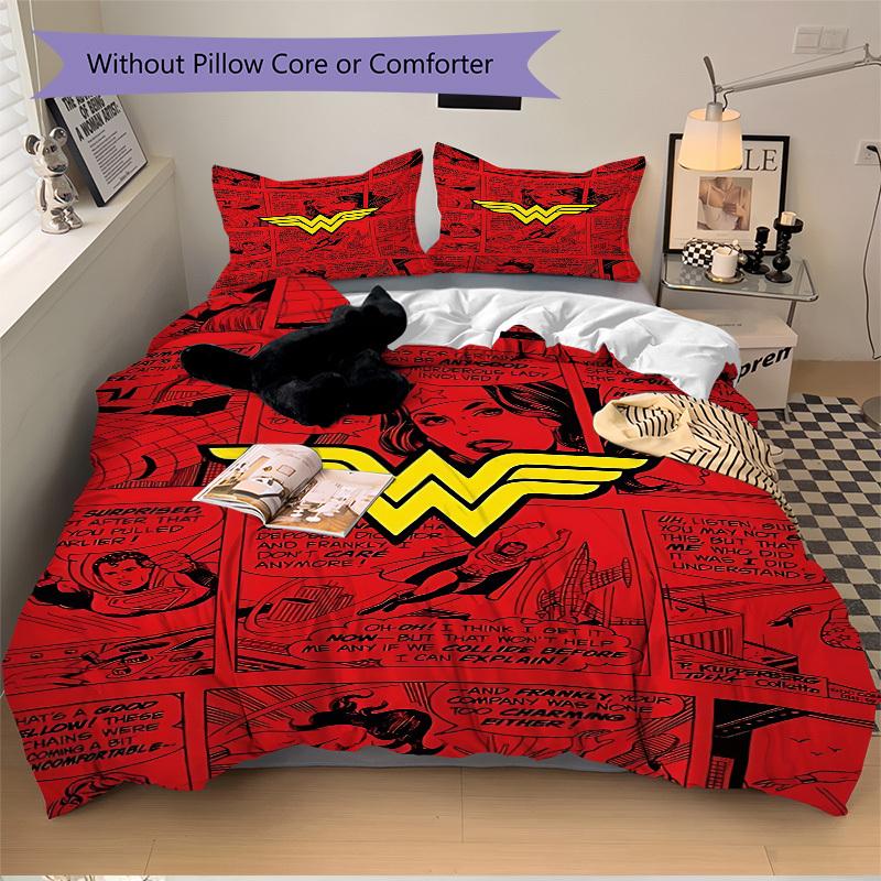 3pcs Wonder Woman Bedding Set, Soft Polyester Duvet Cover and Pillowcases Machine Washable Seasons All Suitable & Guest Room Decor250