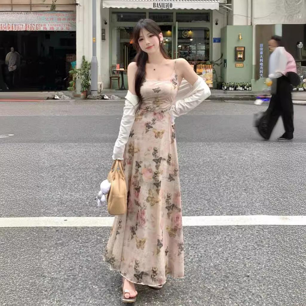 Coffee Break French Butterfly Suspender Suit Dress Women's Summer New Holiday Style Beautiful Feeling Waist Thin Pure Desire Skirt
