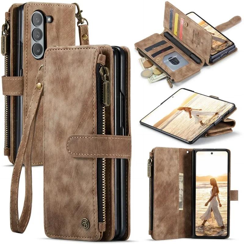 Portafoglio con Zip in Pelle Custodia per Telefono per Samsung Galaxy Z Fold 7 6 5 4 5G Fold7 Fold6 Fold5 Fold4 Portafoglio con Laccetto Scomparto per Carte Custodia