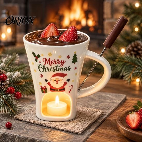 Winter Party Dessert Serving Dish Christmas Chocolate Fondue Mug with Tea Light Warmer & Forks, 155ml Ceramic Melting Gift for Lovers Pot Cheese