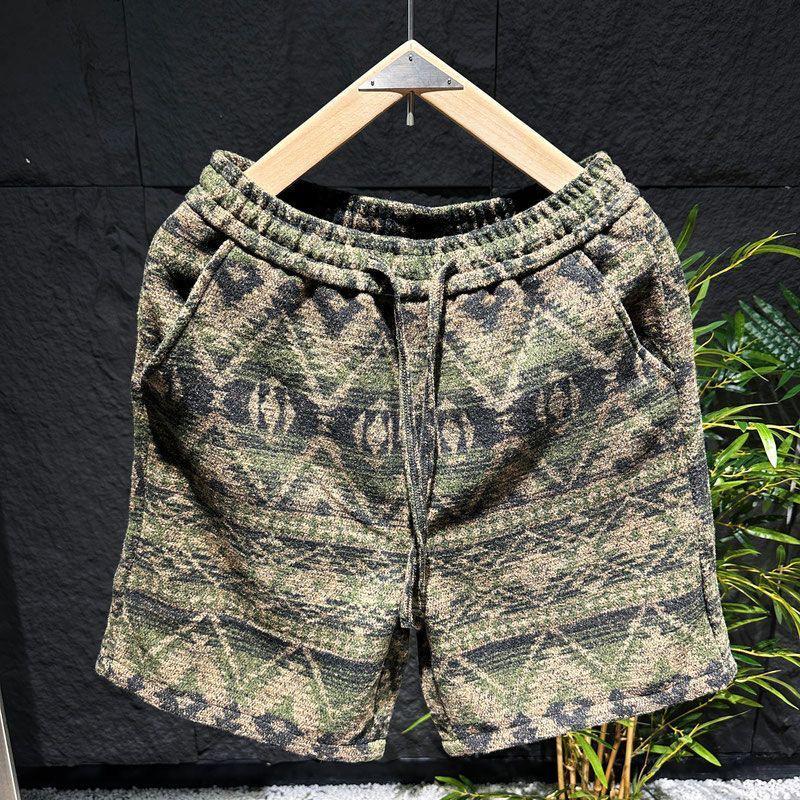 Men's Trendy Retro Knit Shorts: Ethnic Print, Over-the-Knee, Versatile Mid-Length Design