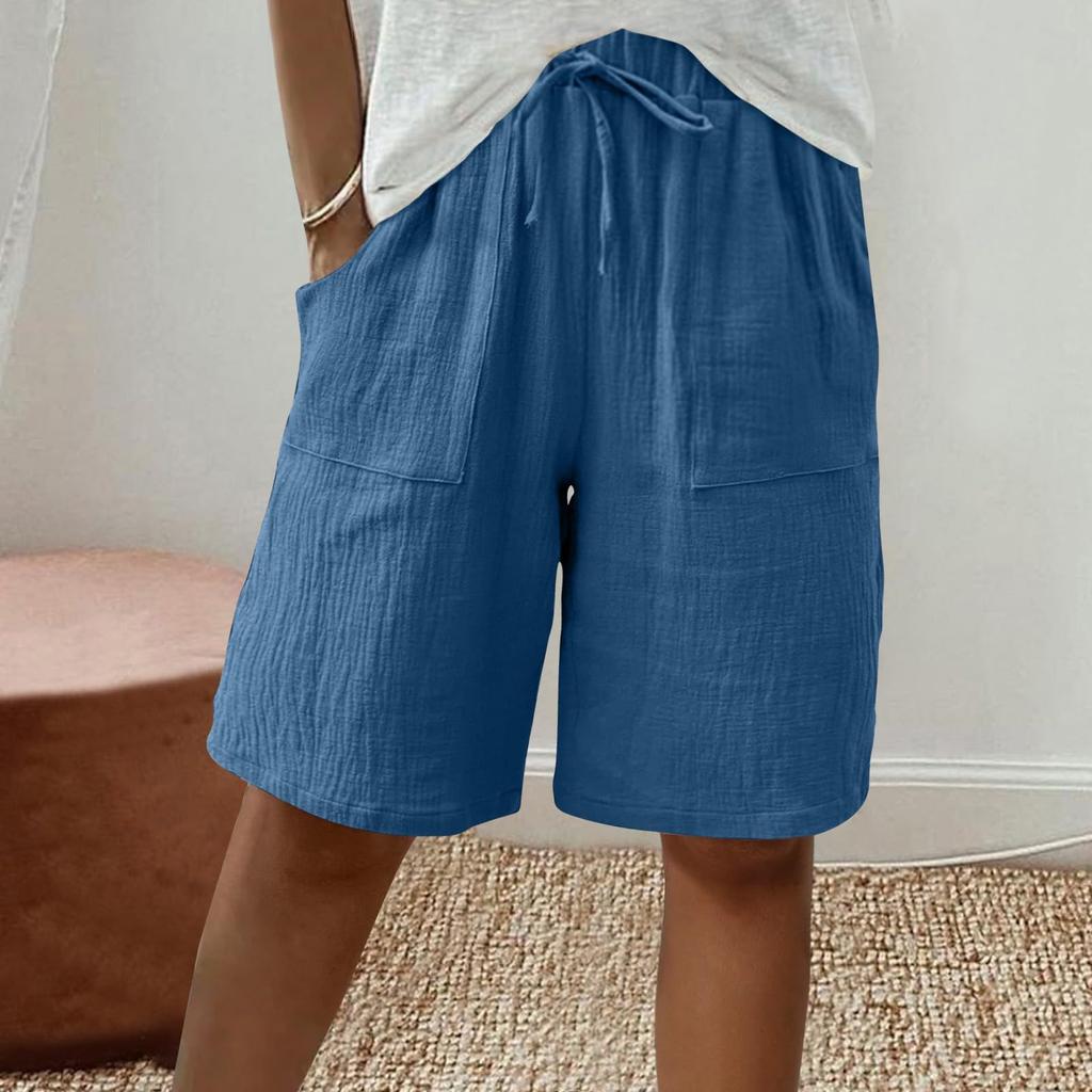 Women's Fashion Cotton-Linen Blend Pocket Elastic Waist Loose-Fit Casual Cropped Pants