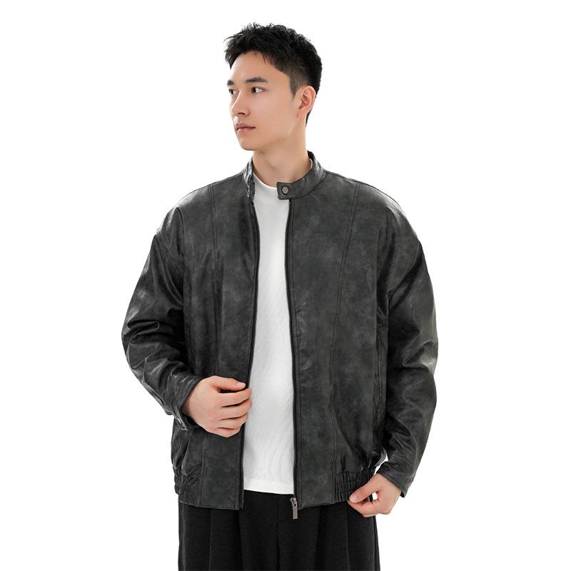 

Men s American Retro Ombre Leather Stand Collar Jacket - New Cleanfit Short Zipper Design XXXL