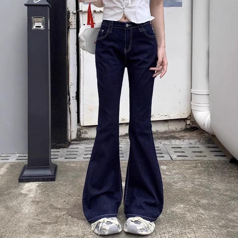 Women's Petite High-Waist Dark Blue Flare Jeans - Retro Washed, Stretchy, Slimming, Long Straight Leg Trend