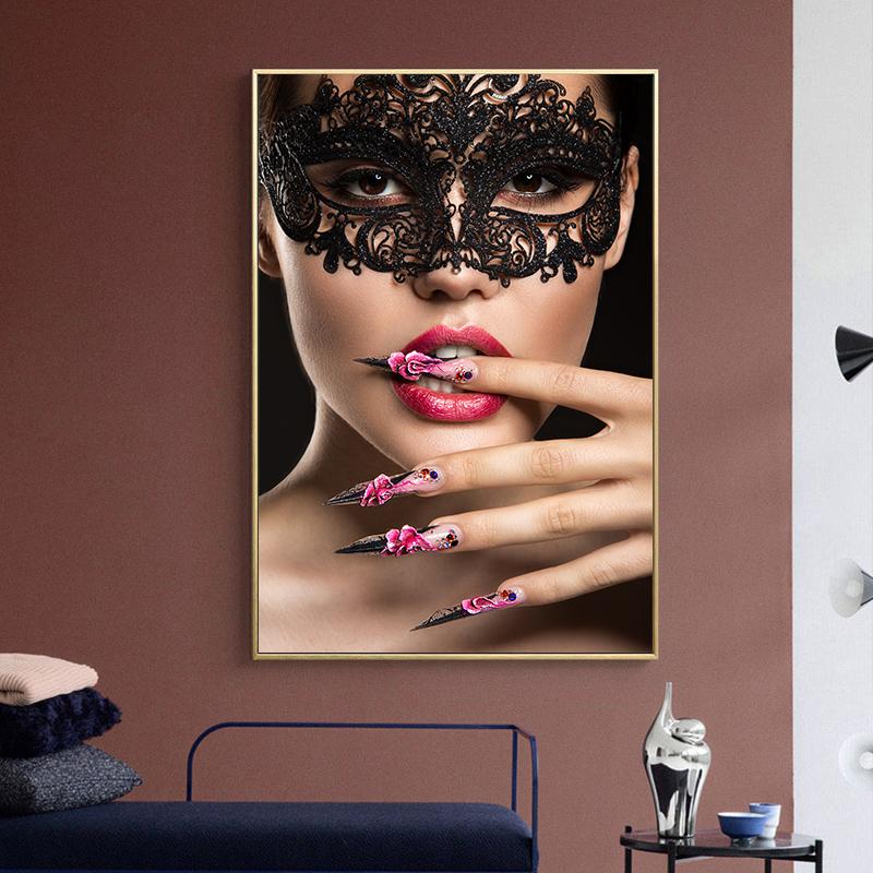 Moda Mulher Mascarada Modelo Beleza Maquiagem Nail Art Poster Arte Abstrata Pintura Parede Imagem Decoração Quarto Casa Impressão HD