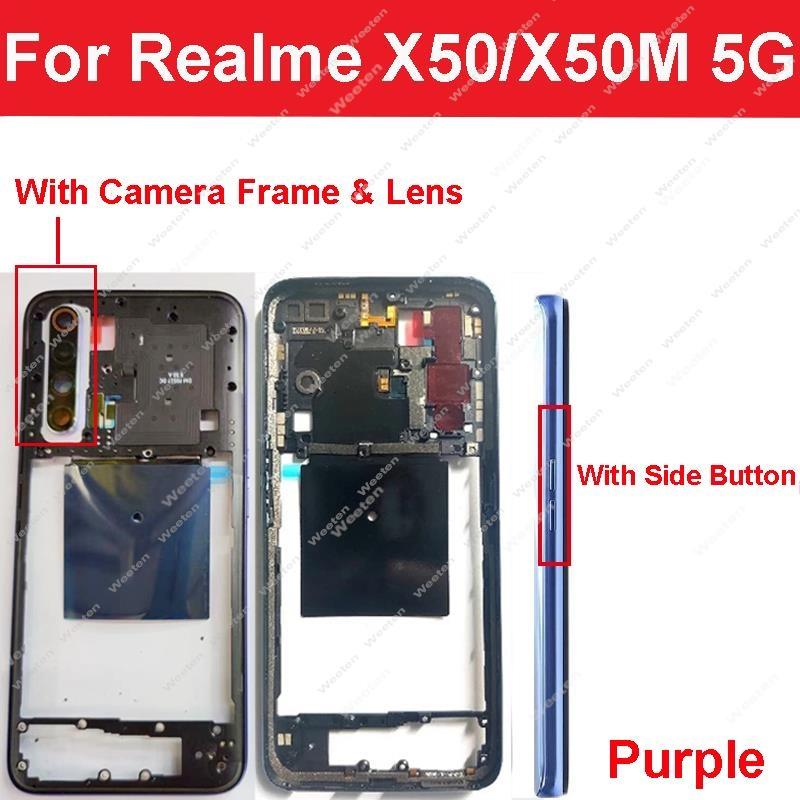 For Realme X Lite X2 Pro X7 X50 X50M 5G Middle Frame Housing Bezel Middle Frame Holder with Side Keys Camera Cover Repair X50 Purple