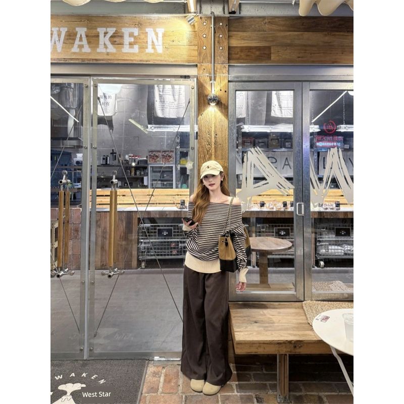 Kumikumi Idle Style Stripe off-Shoulder Long sleeve Knit Women Autumn Chic Age-Reducing Loose Slimming Top