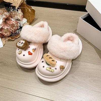 Hole Shoes Women's Cartoon Cute Bag Head Cotton Slippers Women Wear Thick Soles To Increase Height 2025 Winter Velvet To Keep Warm
