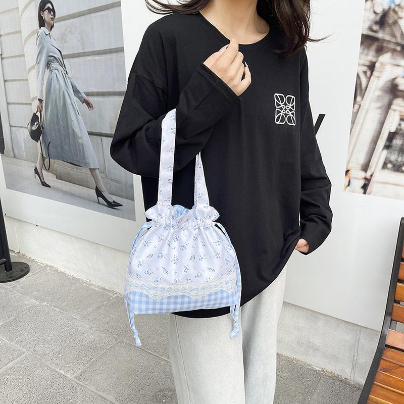 New Floral Plaid Drawstring Bento Bag, Student with Meal Handbag, Large-capacity Portable Lunch Box Bag, Commuter Bag.