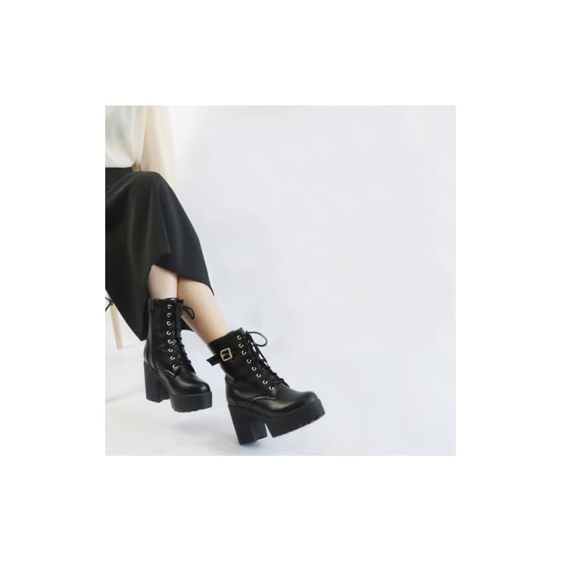 [KiniYitta] Boots, Side Zipper, Platform Boots, Women's Short Boots, Lace-up, Buckle, Chunky Heel, Leg-lengthening, Casual Shoes, Black, Simple,