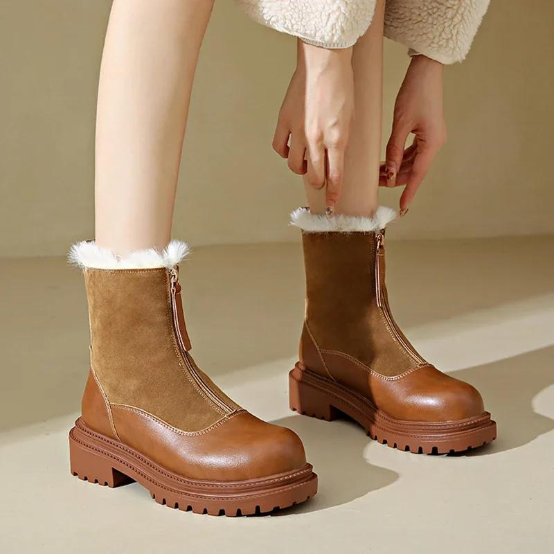 Warm Plush Boots Women Winter Shoes Chelsea Suede Platform Casual Women Ankle Boots Round Toe Fur Goth Feminina Brown