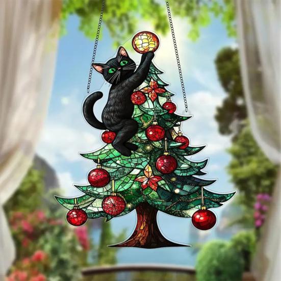 Yousheng Acrylic Suncatcher Christmas Ornaments Stained Glass Effect 2D Flat Train/Christmas Tree/Santa Claus Window Hanging Decoration for Holiday