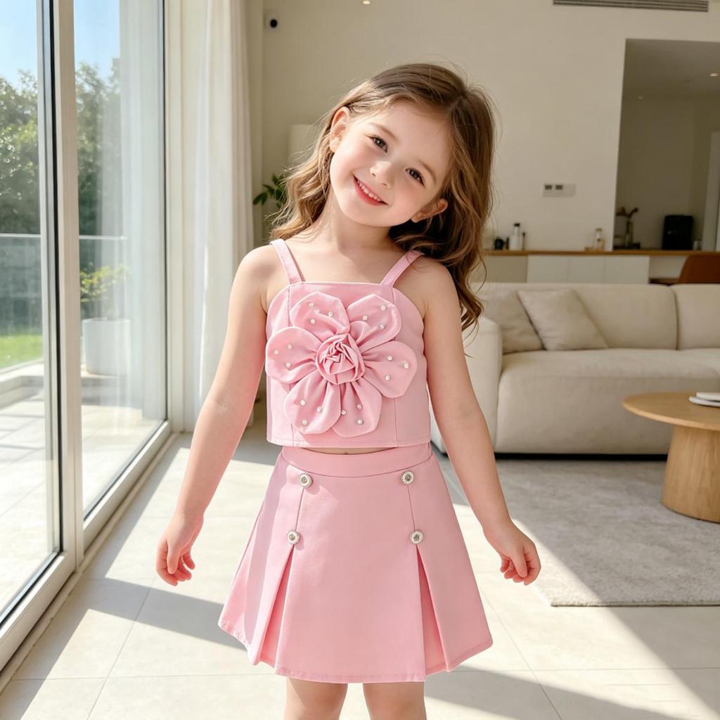 2PCS Girls 3D Flower Beaded Cami Top & Button Skirt Set, Casual Summer Two-Piece Outfit