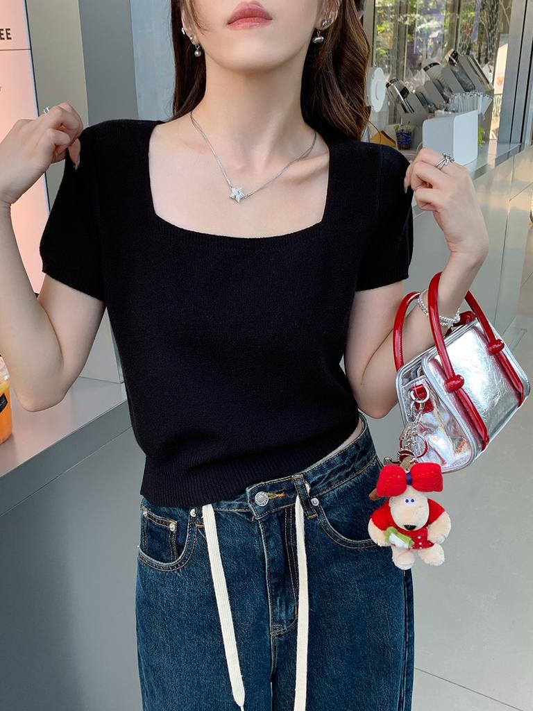 Short-sleeved knitted sweater new summer thin front shoulder t-shirt women's short square neck top thin bottoming shirt