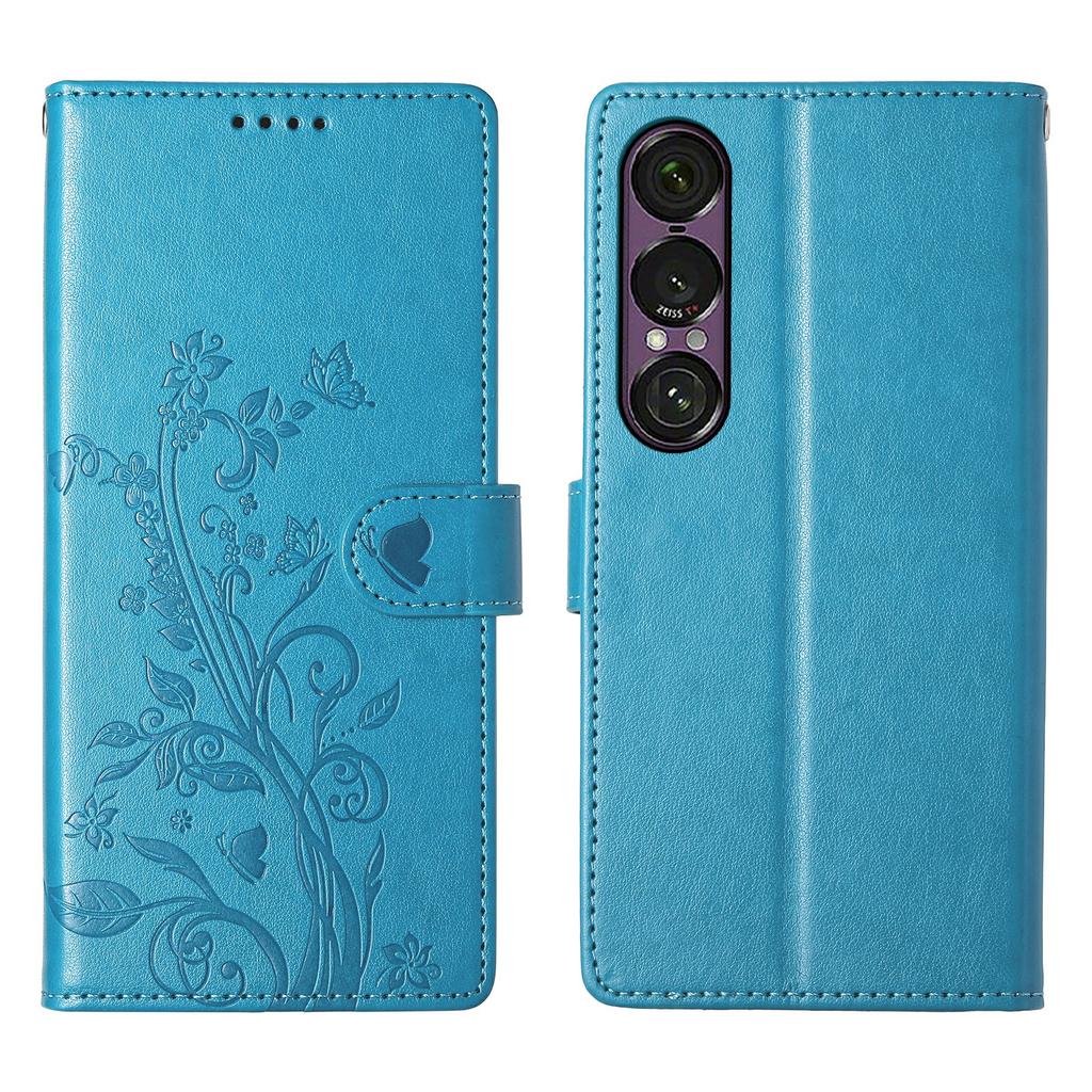 For Sony Xperia 1 VII Wallet Case Butterfly Floral Imprint PU Leather Phone Cover with Wrist Strap
