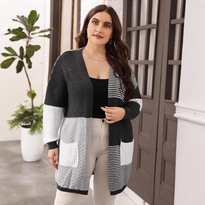 Large size women's clothing, European, American autumn and winter knitted cardigan, new striped wool knitted sweater, fashionable and versatile