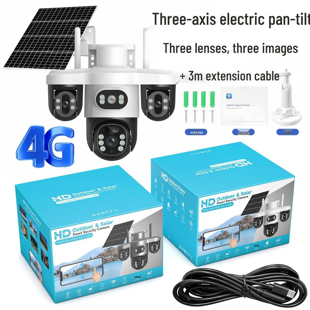 V380 4G Solar Camera with Three-Lens, Three-Axis Gimbal for Home Monitoring - Wireless, Low Power Battery.