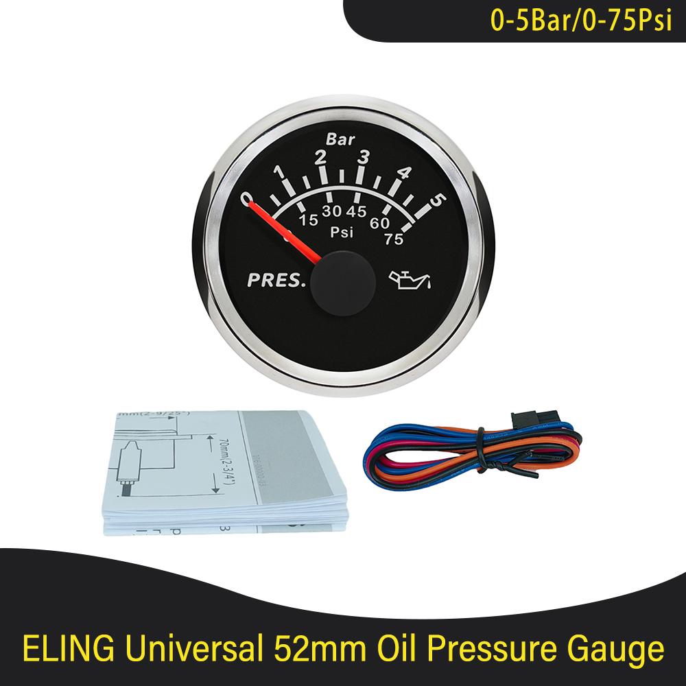 Waterproof 52mm Oil Pressure Gauge Meter 0-5Bar 0-75Psi 0-10Bar 0-145Psi with Red Backlight for Car Truck Boat Yacht 9-32V 0-5Bar BS