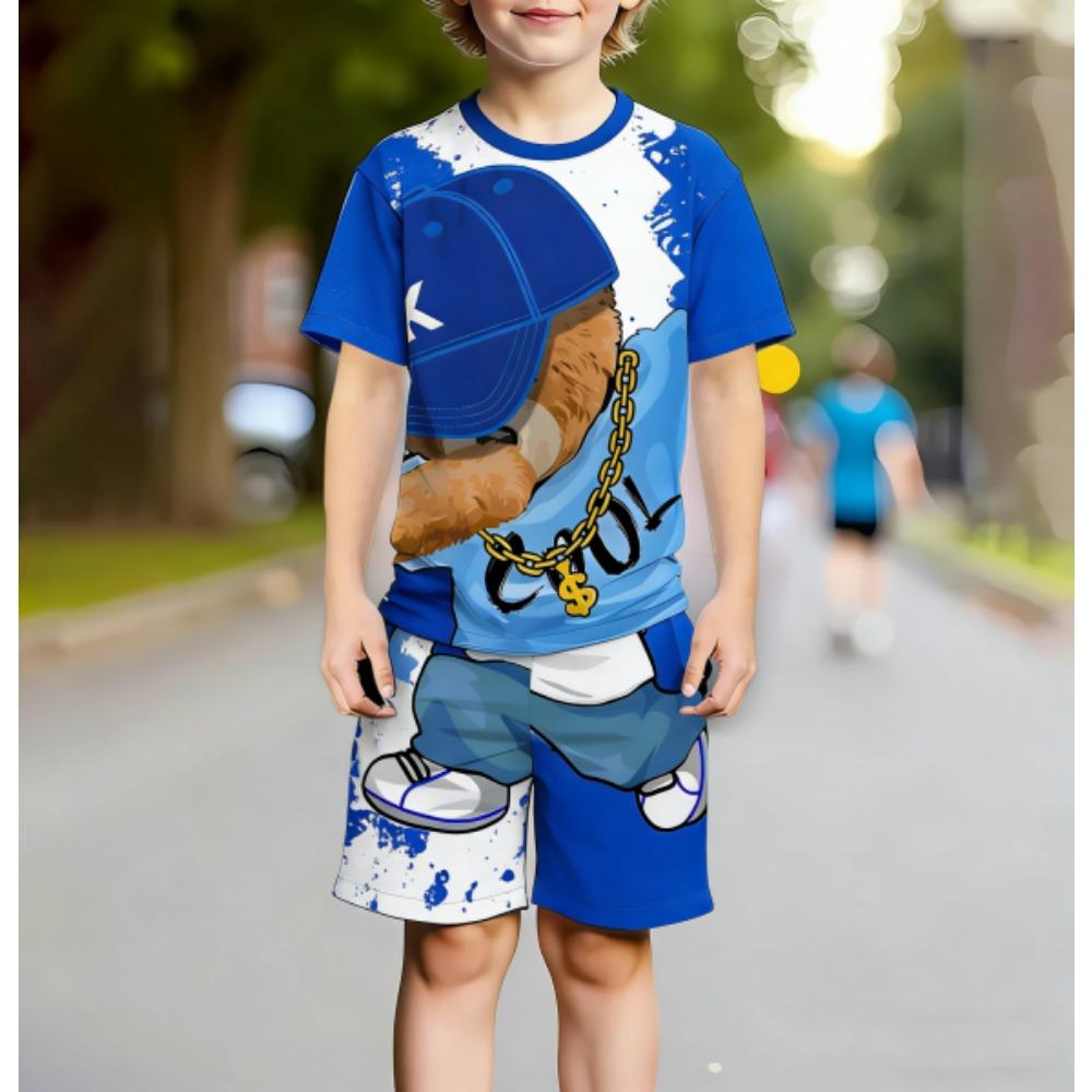 Europe and America Funny Bear Fashion Men's Set Summer Men's T-shirt and Shorts 2 Piece Set Outdoor Casual Men's and Women's Outfit