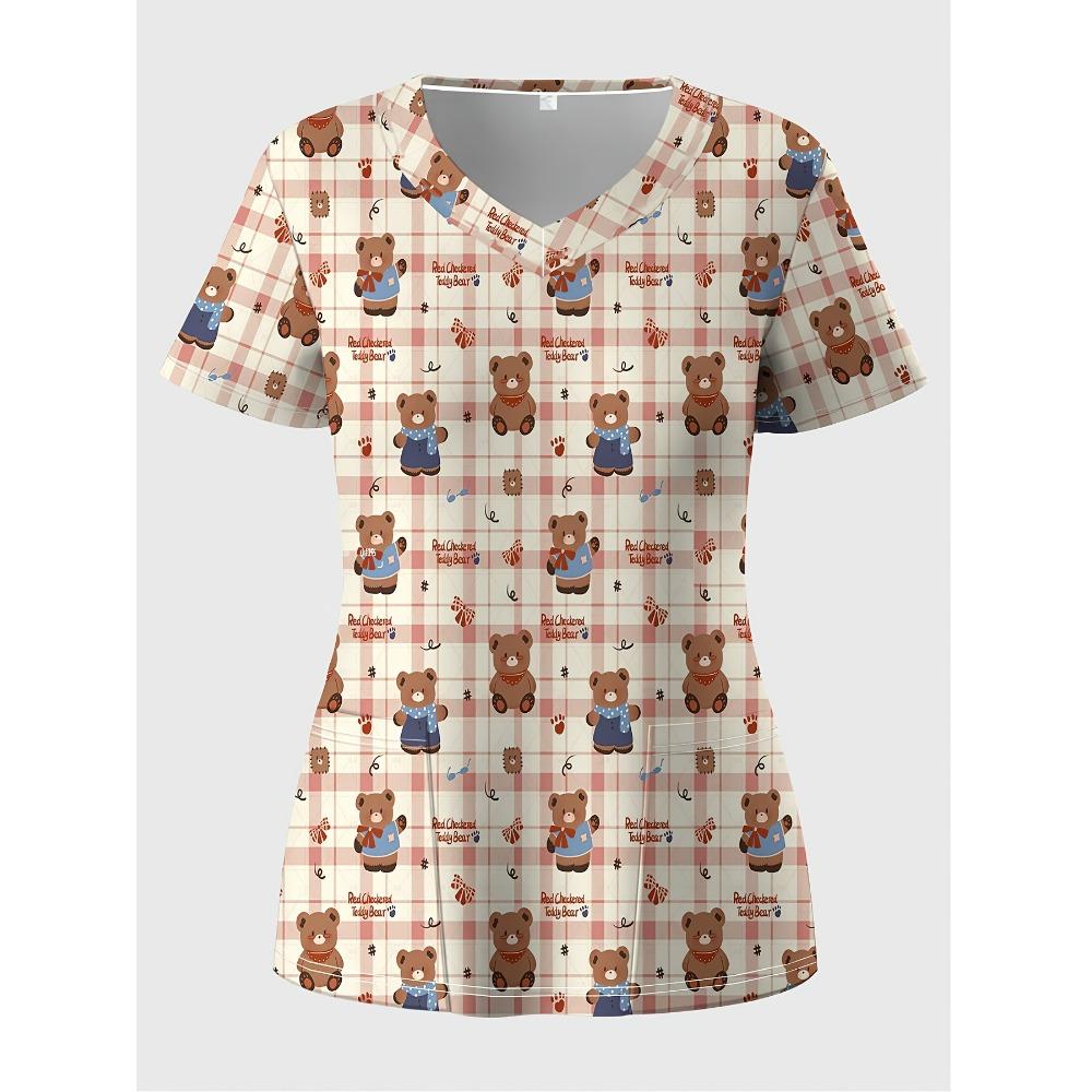 New Women's Scrubs - Valentine's Day 3D Heart Print V-Neck Work Uniform with Functional Patch Pockets Surgical Uniform Woman