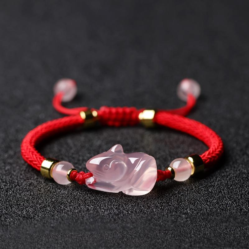 Pink Crystal Zodiac Bracelet: Rose Quartz, Red String Weave, Pig, Ox, Rat, Rabbit Charm - Perfect Gift for Girlfriend or Bestie