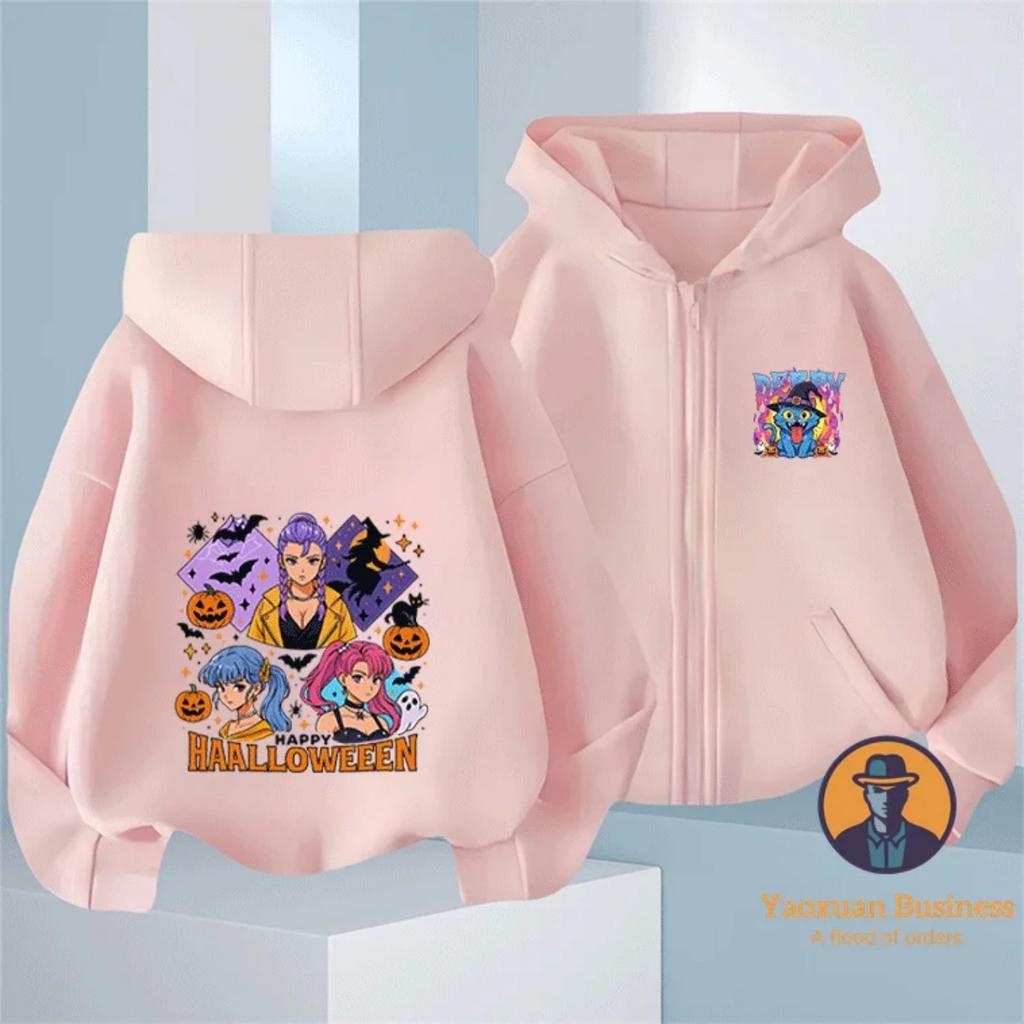 Halloween Style KPop Devil Hunter Girl Children's Zipper Hoodie Cute Cartoon Print Warm Windproof Autumn and Winter Fashion Clothing