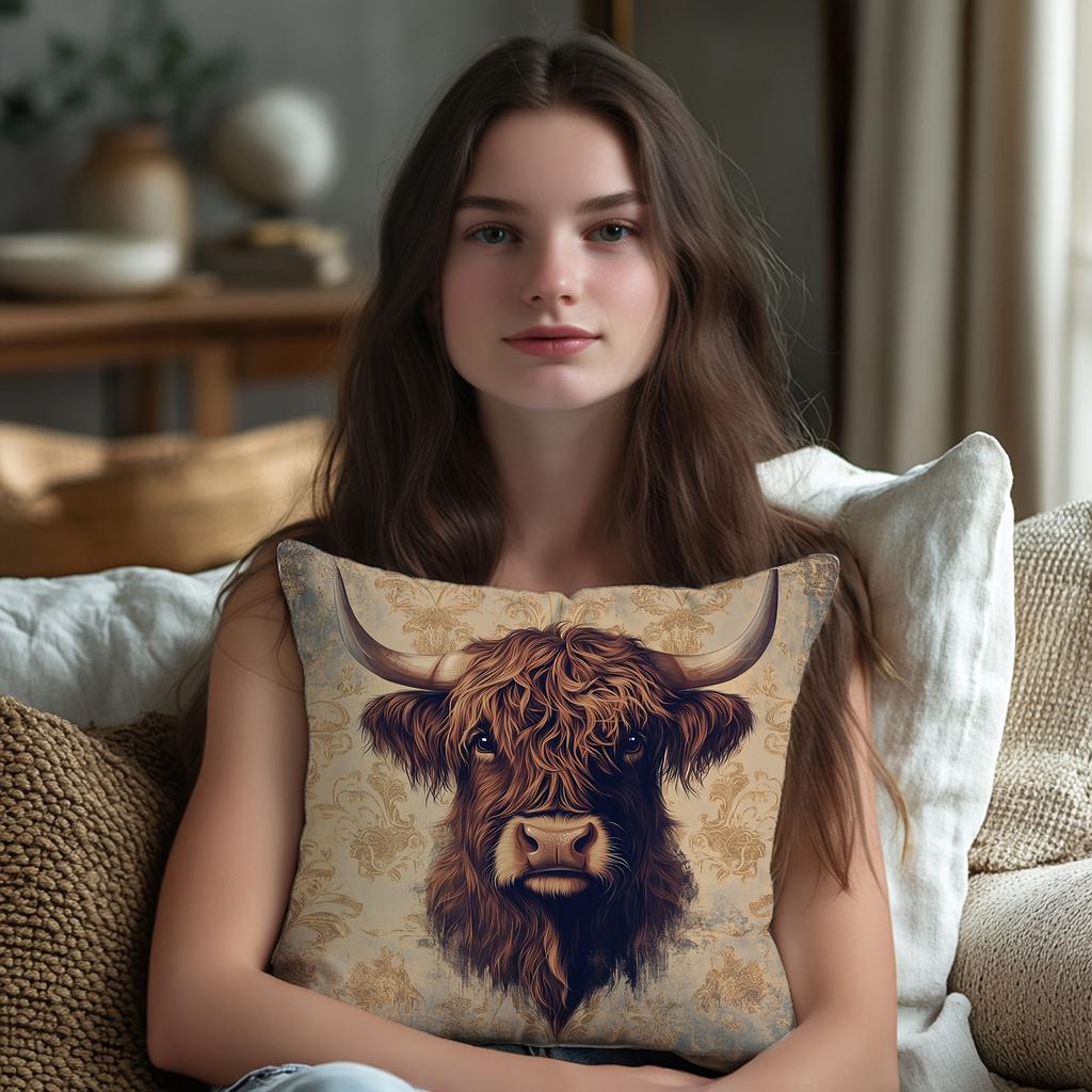 Highland Cow Hugging Pillowcase, Abstract Floral Print, Nordic Countryside Style, Cushion Cover, Living Room Sofa Decoration