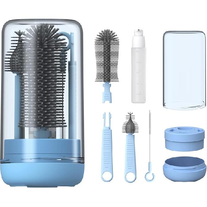 YOTIME Baby Bottle Brush, Travel Bottle Cleaner Kit with Extendable Silicone Bottle Brush, Nipple Cleaner Brush, Straw Brush, Soap Dispenser, Dust