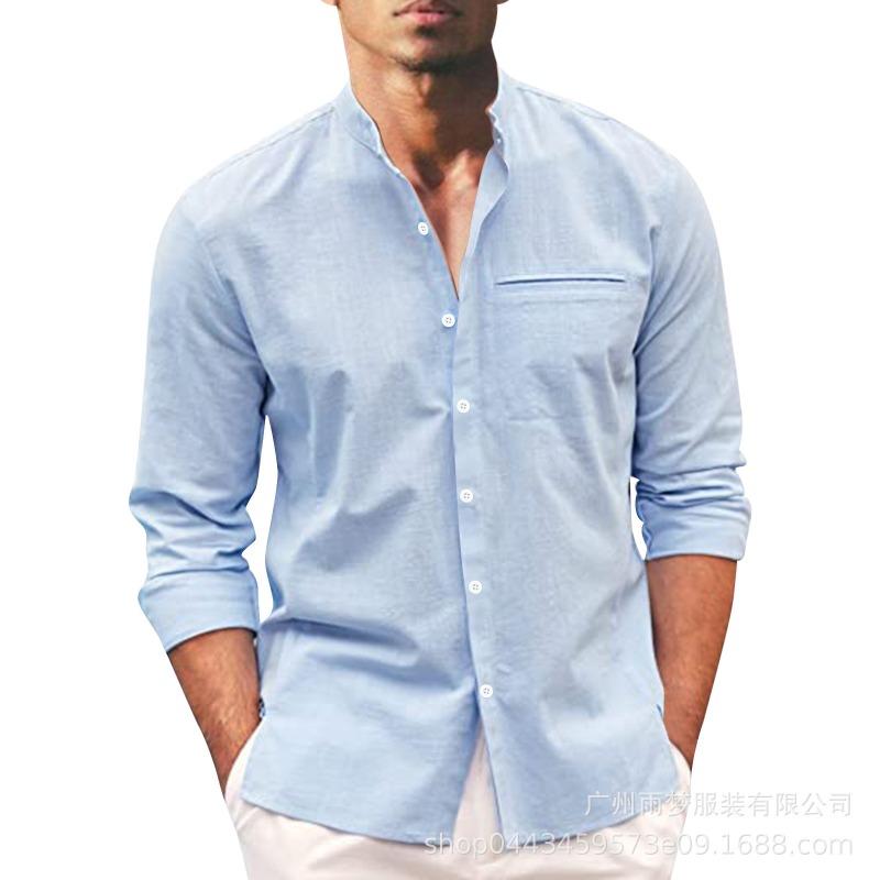 Men's Long Sleeve Cotton Linen Shirt, Mandarin Collar Button-Up Shirt, Solid Color Casual Top