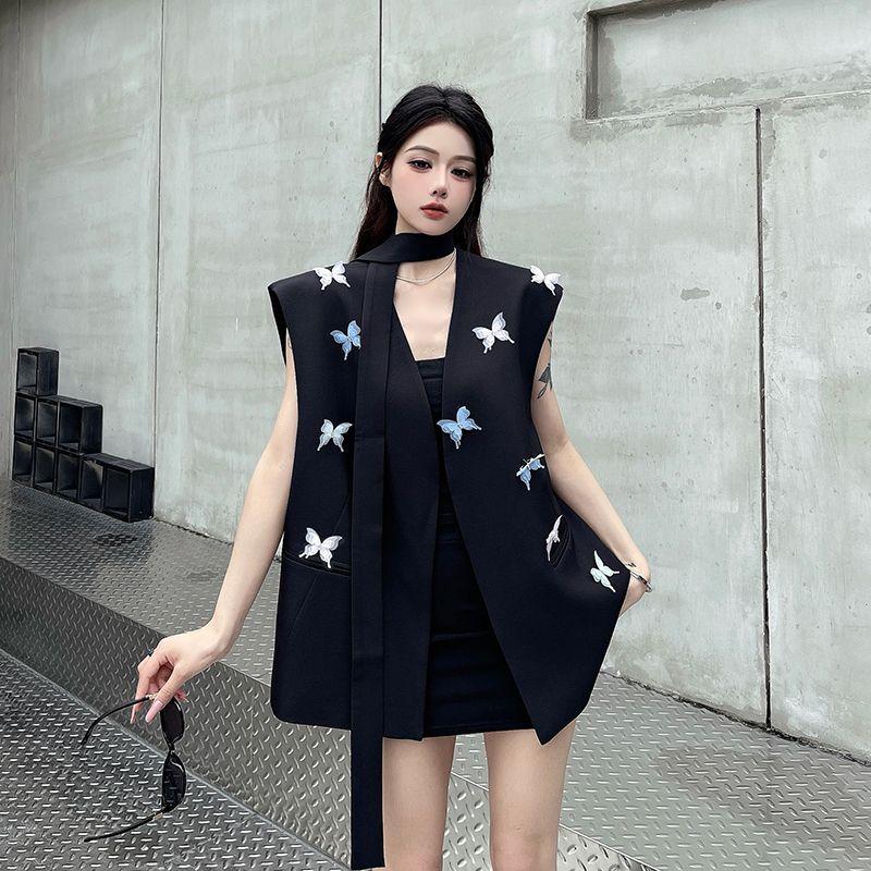 

Minimalist Style Fashion Sleeveless Collarless Vest Blazer for Women Summer Premium Chic Outerwear Top XL чорний