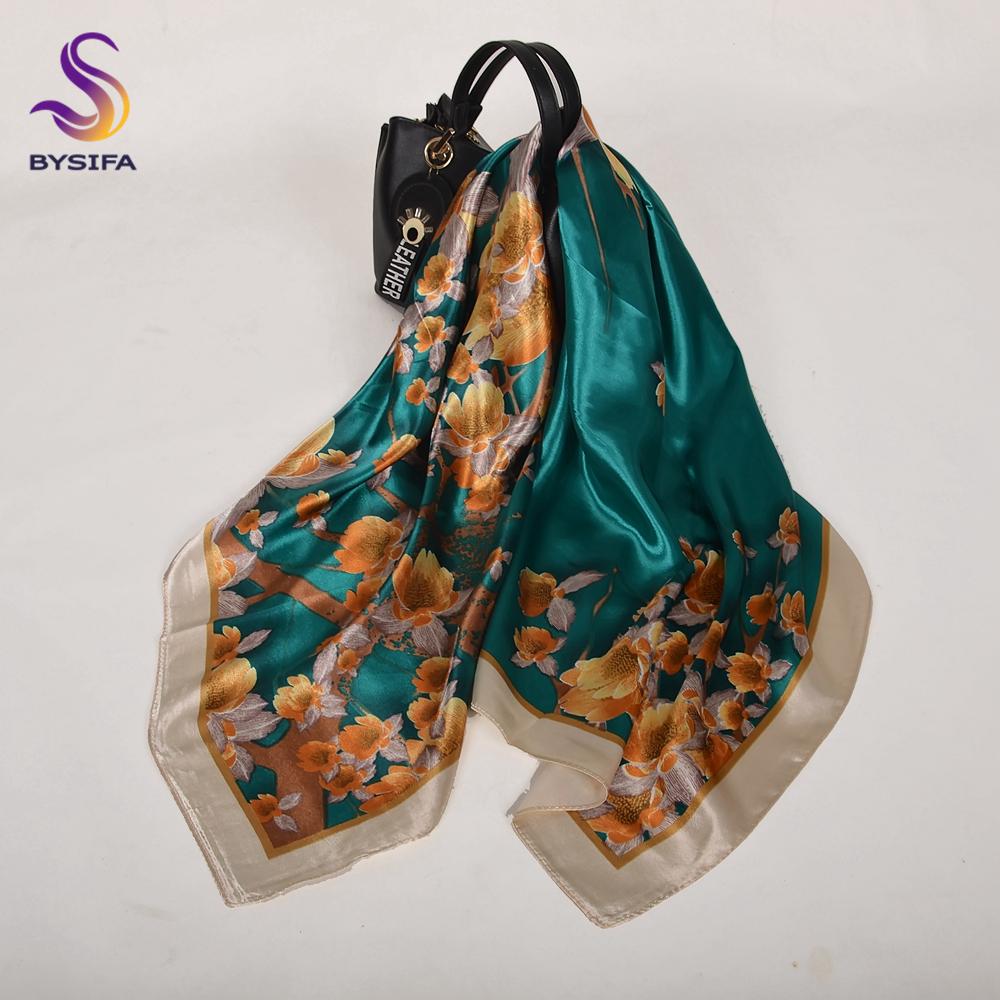 [BYSIFA] Women Silk Scarf Shawl Printed Chinese Rose Navy Blue Red Square Scarves 90*90cm Fashion Accessories Headscarves Hijabs