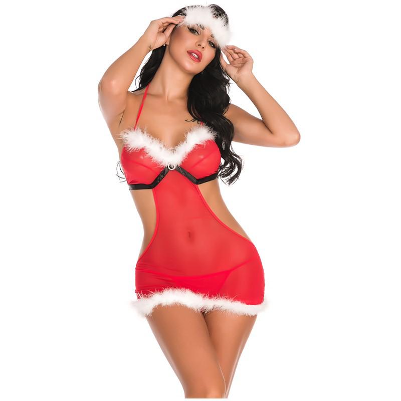 European & American Sexy Red Christmas Lingerie Lace Pajama Set - Deep V Stage Costume