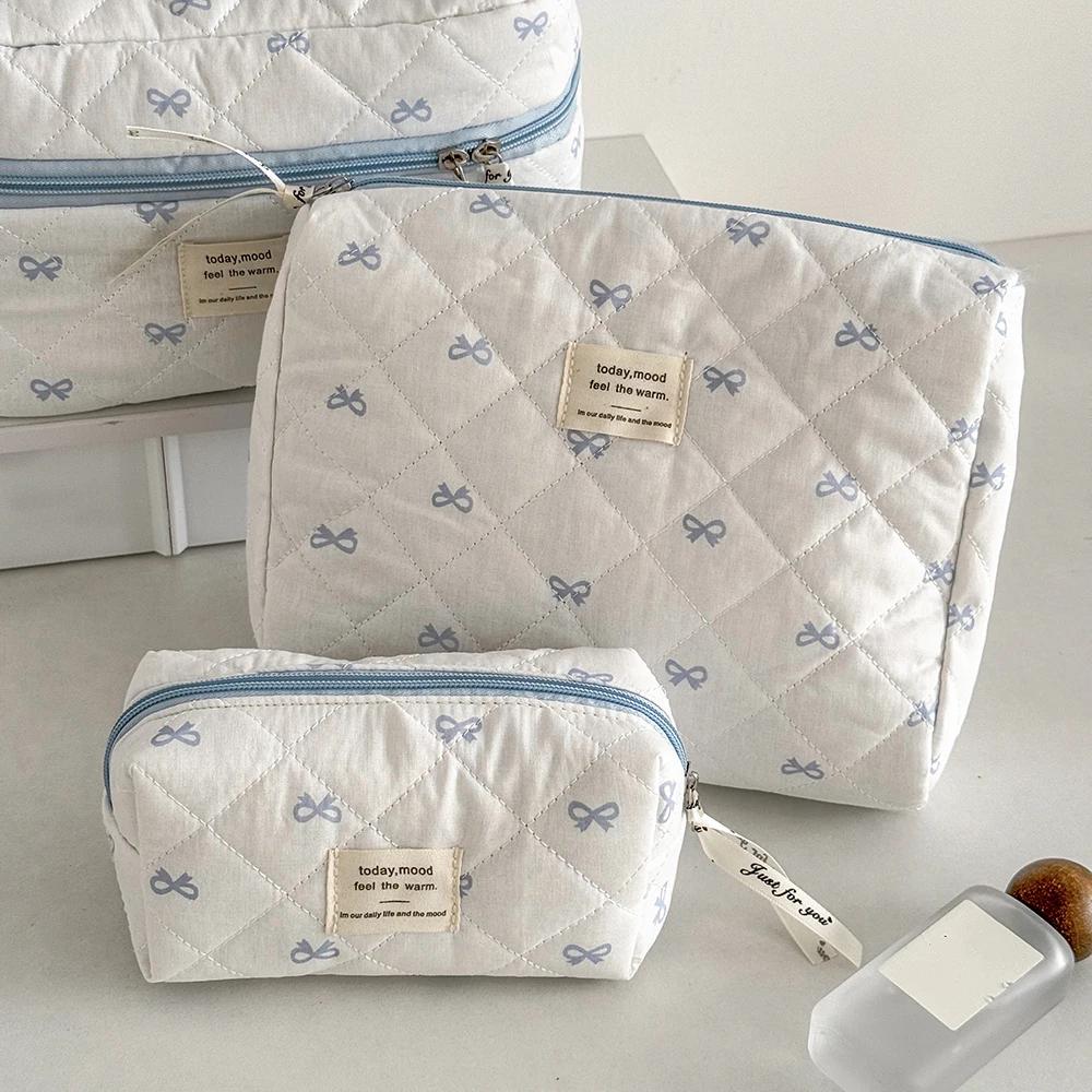 Blue Bow Quilted Women Cosmetic Bag Sets Large Capacity Makeup Handbag Travel Pouch 3 Type Ladies Zipper Organizer for Bags