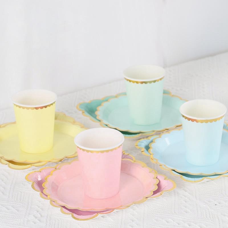 30/40Pcs Disposable Party Plates Tableware Macaron Color  Cake Plate Paper Cup Dishes Set Birthday Party Wedding Dinner Supplies