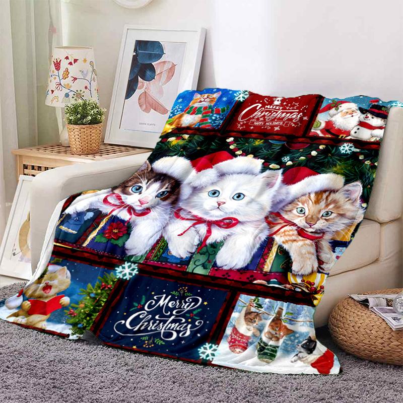 Cozy Christmas Cat Santa Fleece Throw Soft Lightweight Flannel Blanket with Digital Print for Sofa Bed Travel Camping, Gift