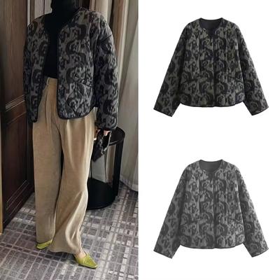Autumn/Winter New Women's Fashion and Casual Versatile Round Neck Single Breasted Printed Cotton Coat