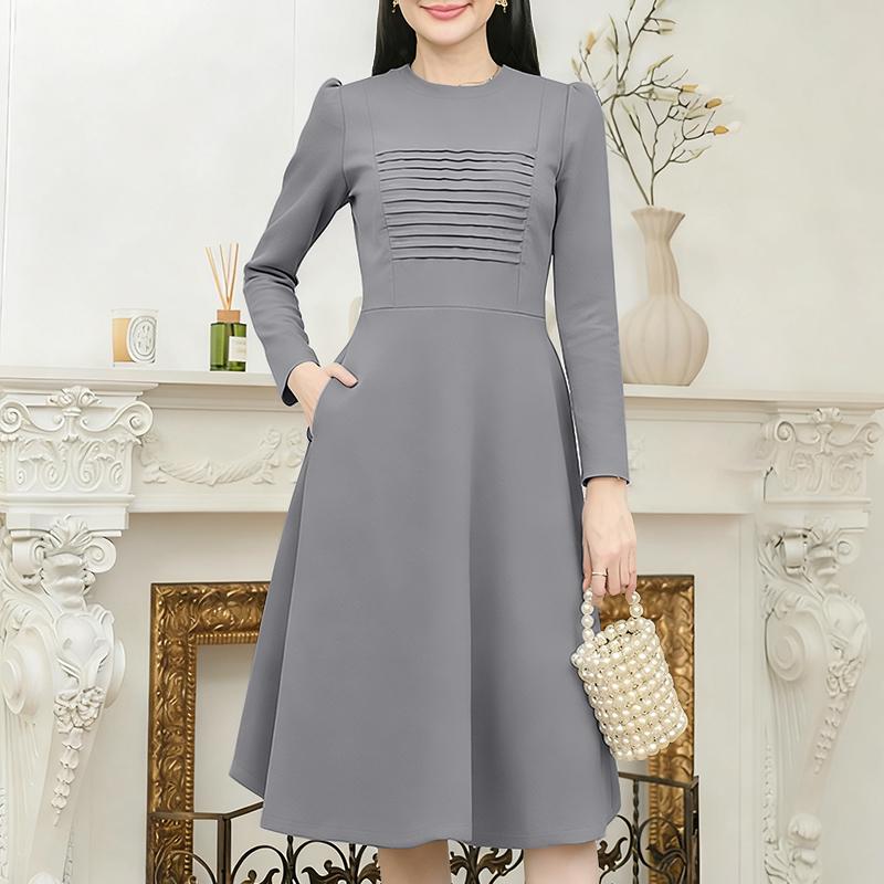 ZANZEA Women Elegant Casual Round Neck Long Sleeve A-line Dress S серый