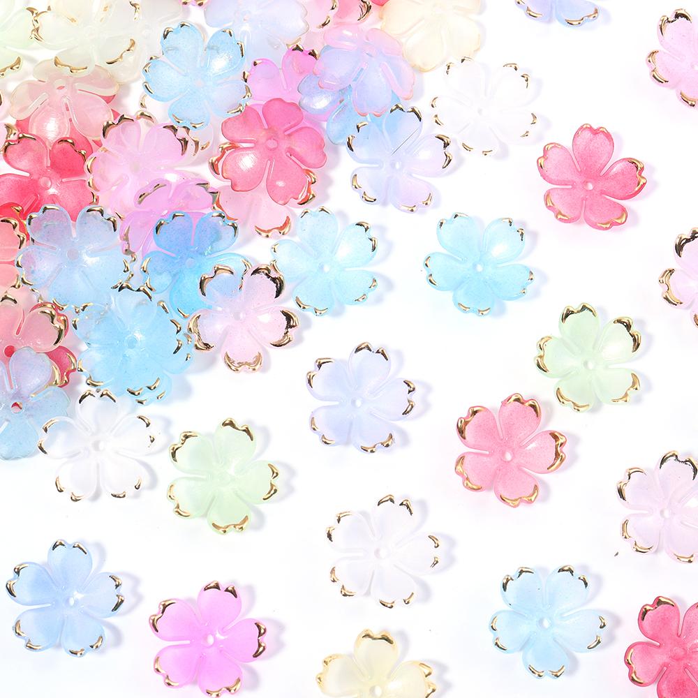 50pcs/lot Colorful Cherry Blossom Acrylic Beads Golden Brushed Patter Petals Charm Connectors For Jewelry Making DIY Acessories