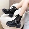 Women'S Fashion Cool Boots Fashion Round Head Mesh Breathable Front Lace-Up Metal Chain Waterproof Platform Heels