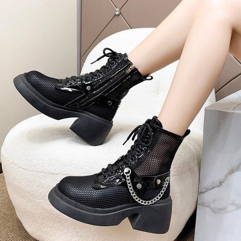 Women'S Fashion Cool Boots Fashion Round Head Mesh Breathable Front Lace-Up Metal Chain Waterproof Platform Heels